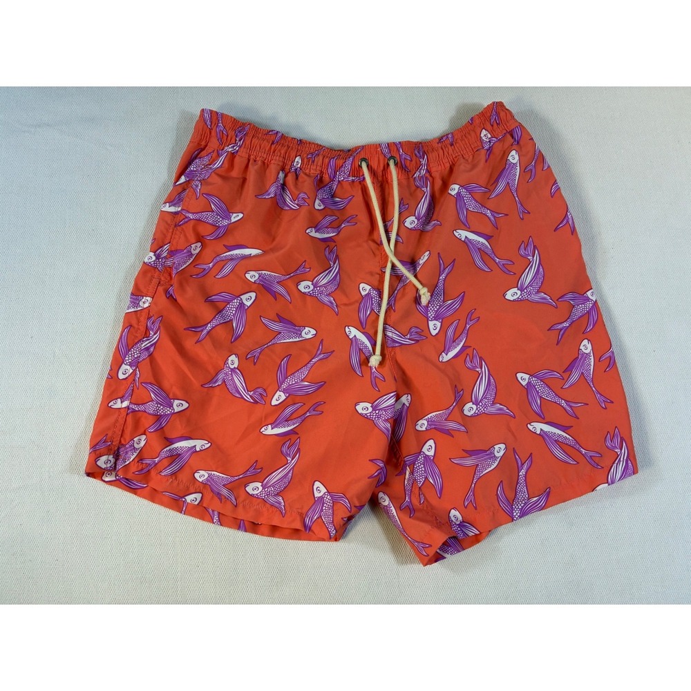 Strong Boalt Mens XL Swim Trunks Orange Purple Flying Fish Print Mesh Lined‎ 6in